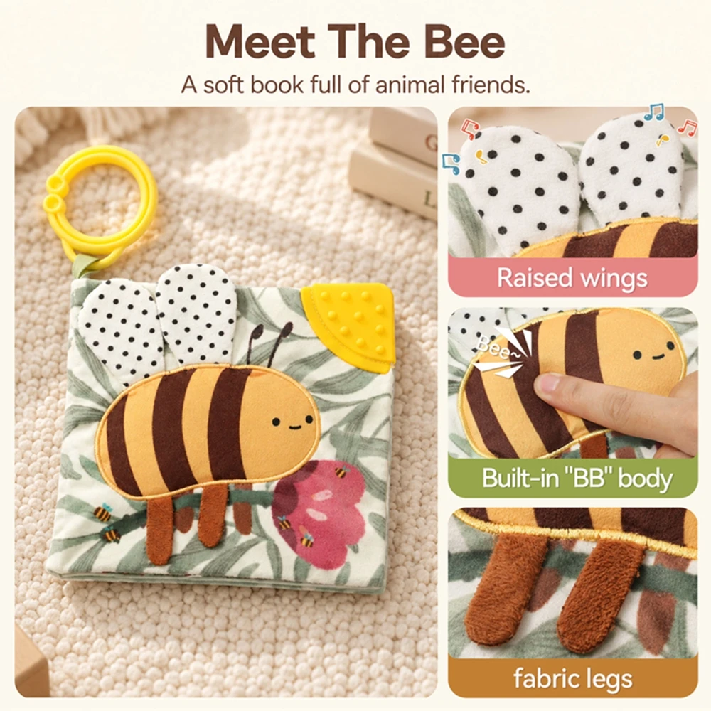 Baby Soft Fabric Cloth Book Forest Animal Squirrel Bee Rabbit Koala Fox Mirror Pull 0-3Y Sensory Tactile Fluffy Cartoon Book Toy