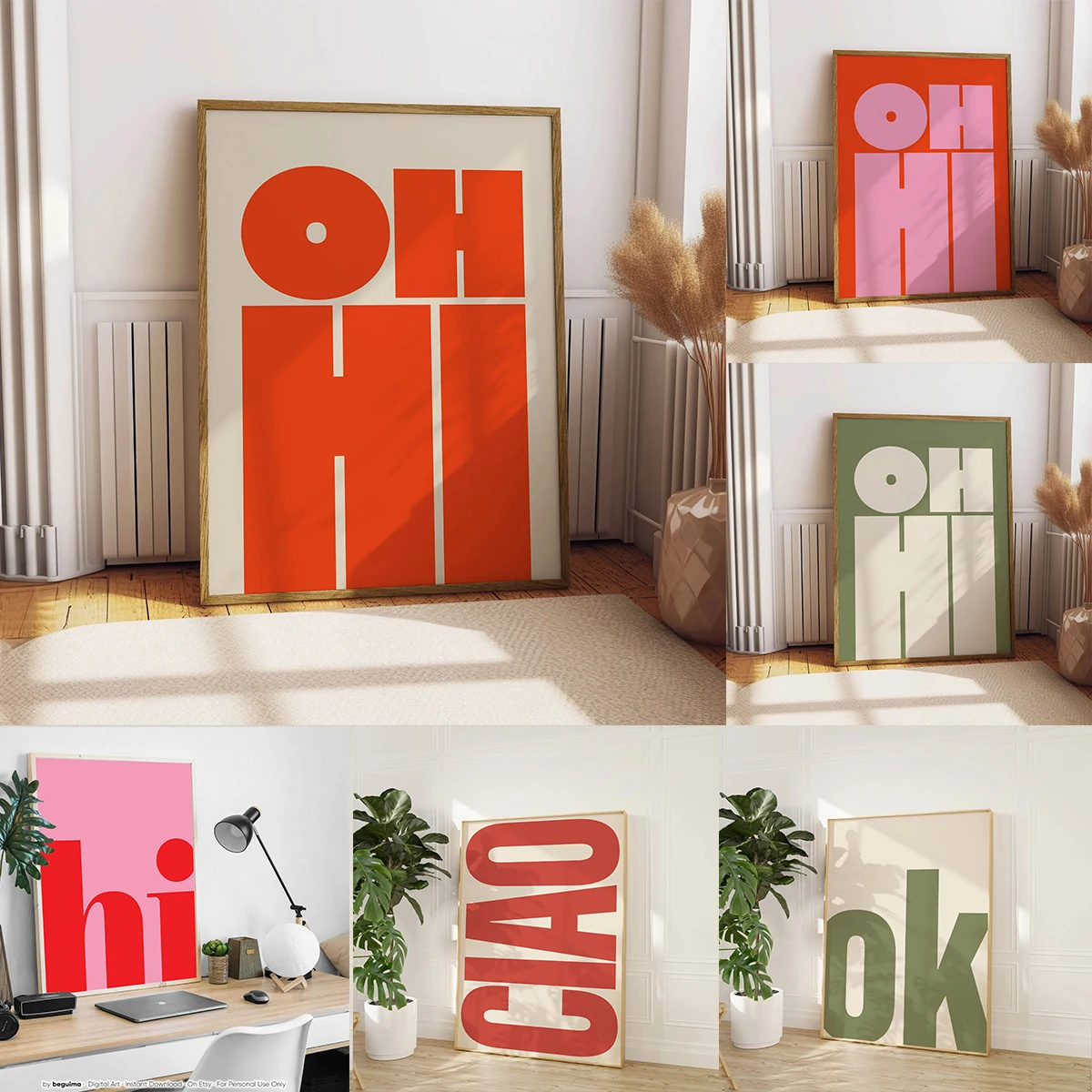 OH HI and CAIO Modern Typography Canvas Print Bold Font Wall Art Poster for Living Room Bedroom Dormitory and Home Decoration