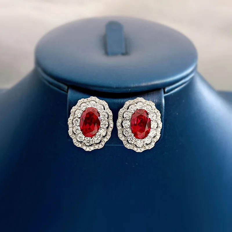 

New S925 Silver Earrings Female Pigeon Blood Ruby Earrings Jewelry 5a Zircon Factory Direct Sales