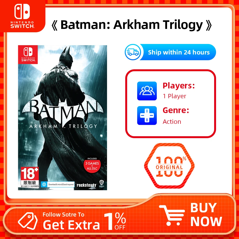 Nintendo Switch - Batman Arkham Trilogy - Games Cartridge Physical Card Support TV Tabletop Handheld Mode