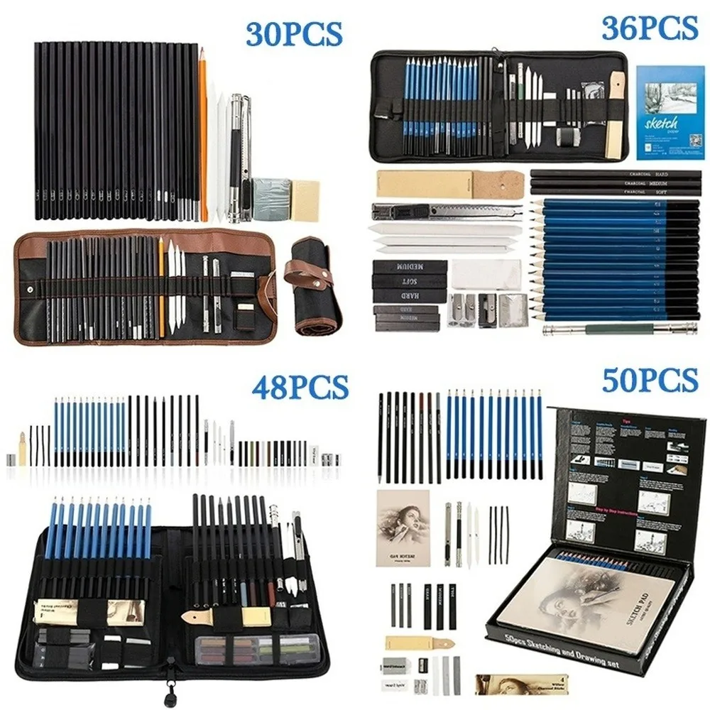 30/33/36/48/50PCS Drawing Pencils Set Charcoal Extender Paper Pen Pencils Cutter Sketch Tool for Artists Sketching Gifts