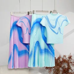 Print Corn Pleated Miyake Set Half High Collar Short Sleeve Tops + High Waist Folds Skirt 2 Piece Sets for Women 2024 New