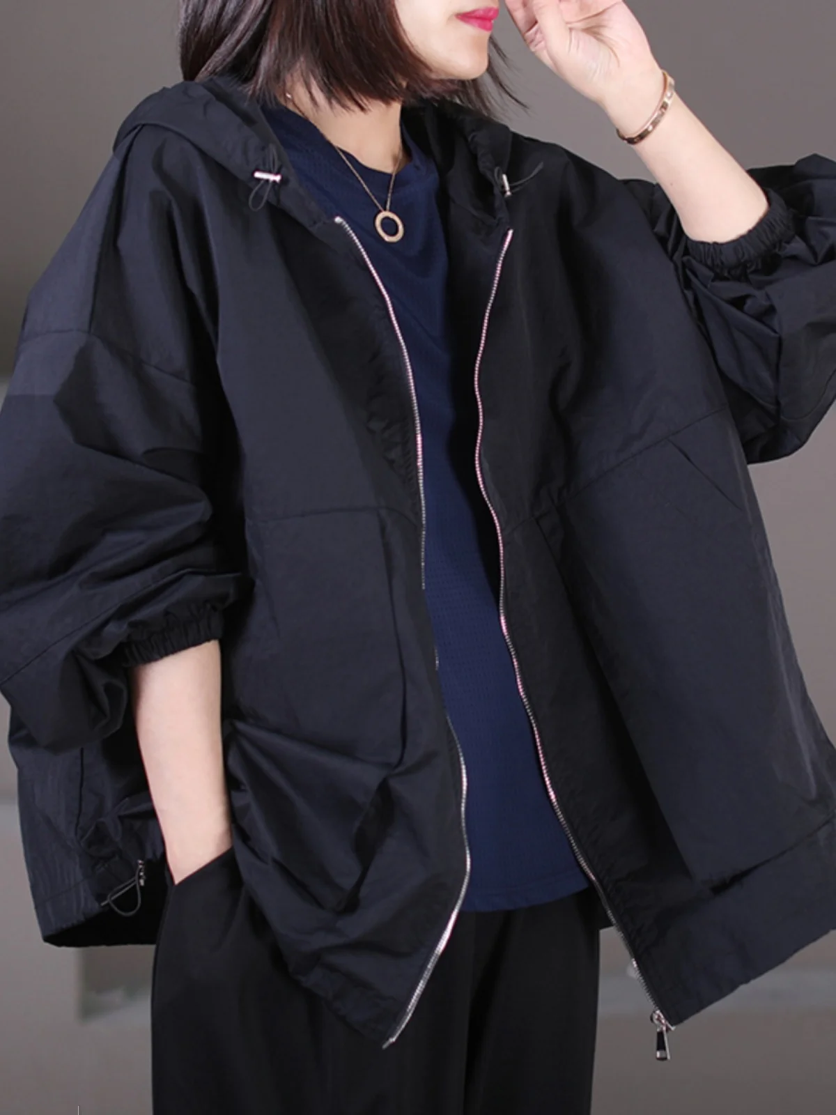 Loose Women's Spring Autumn Jaet Hooded Zipper Artistic Sle plus Size Coat Korean Version Small Size 2025 New Model