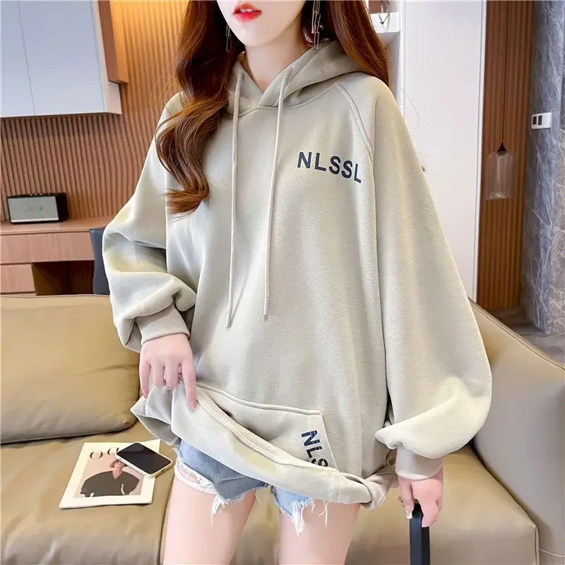 Casual Looses Hoodies Women Autumn Winter Trend Plush Hooded Coats Fashion Letter Printing Black Sweet Cool Oversized Coat Woman