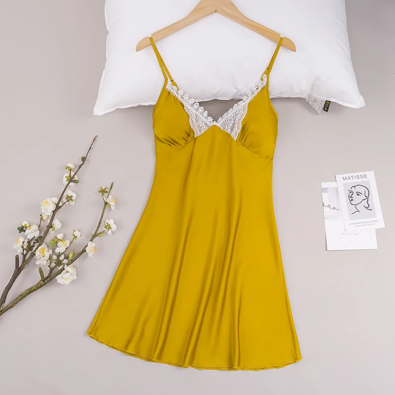 

Простая и повседневная летняя ночная рубашка из ледяного шелка для женщин, тонкая шелковая пижама во французском стиле, кружевная атласная домашняя одежда