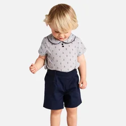 Children Spanish Clothes Baby Boys Summer Clothing Sets Baby Classic Holiday Outfits Peter Pan Collar Shirts Navy Cotton Shorts