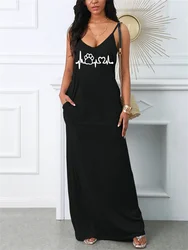 Summer women's heart-shaped cat footprint pattern printed oversized loose V-neck lace up sexy dress