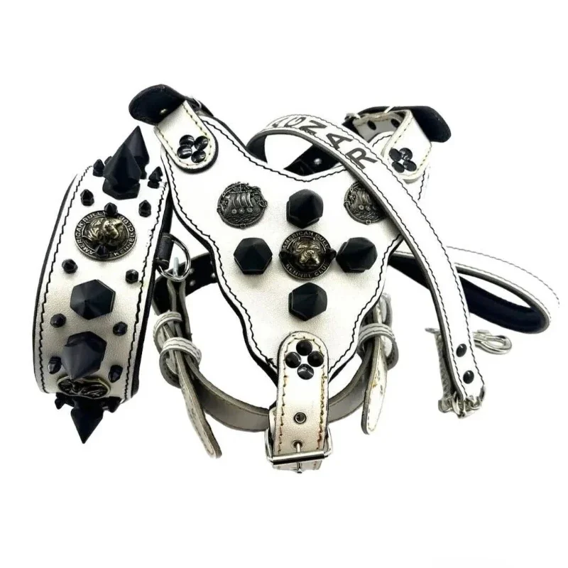 

Medium Dog Collar Leather Harness 3pcs Set Black Leather White DingTalk Animal Pattern Alloy Bulldog Boxer Neck Size