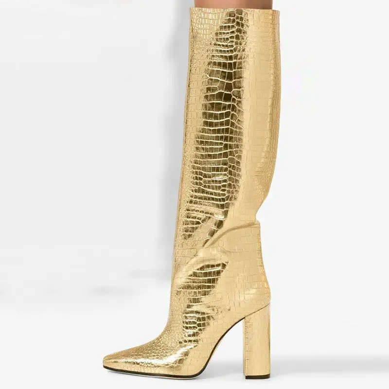 Luxury Crocodile Pattern Boots Women Pointed Toe Chunky Heel Slip On Leather Knee High Boots 2024 New Fashion Design Black Boots