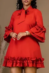 Plus Size Semi Formal Mini Dresses Christmas Elegant Red Fall Winter Flare 3/4 Sleeve Bow Tie Organza Mini Dresses