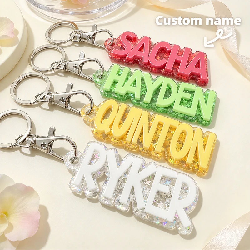 Custom Personalized Glitter Sequin Acrylic Keychain 3D Raised Double Layers Raised Letter Keyring Bag Charm Tag Birthday Gift