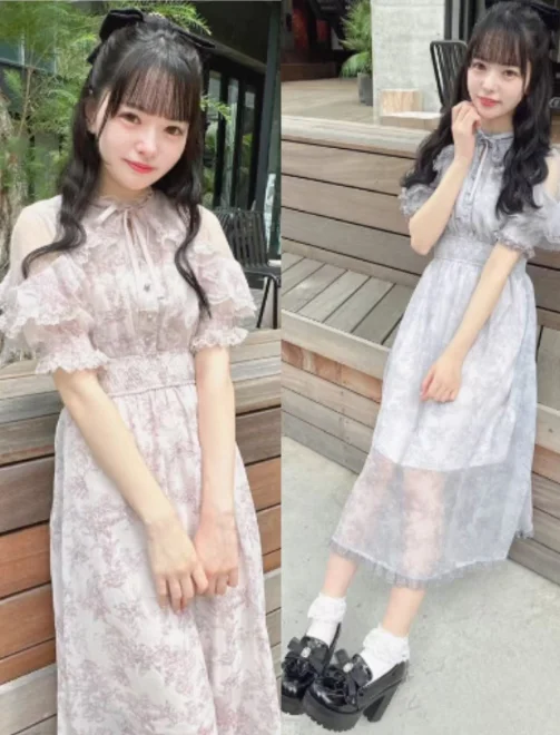

Japanese Mine Series Mass-produced Rojita Dresses 2025 Summer New Lace Short-sleeved Dress Printed Long Chiffon Dress for Women