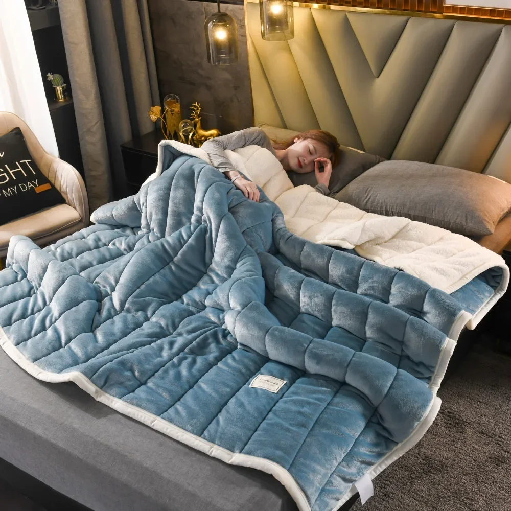 

Wool Blanket Thick Imitation Lamb Winter Double-sided Quilted Blanket Three-layer Skin-friendly Bed Cover Blanket Cozy Warm