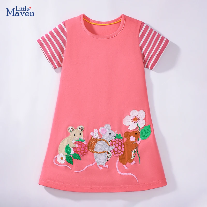 Little maven Kids Clothes 2025 New Summer Baby Girls Children's Clothing Cotton Embroidered Cartoon Mouse Dresses New Year Gifts