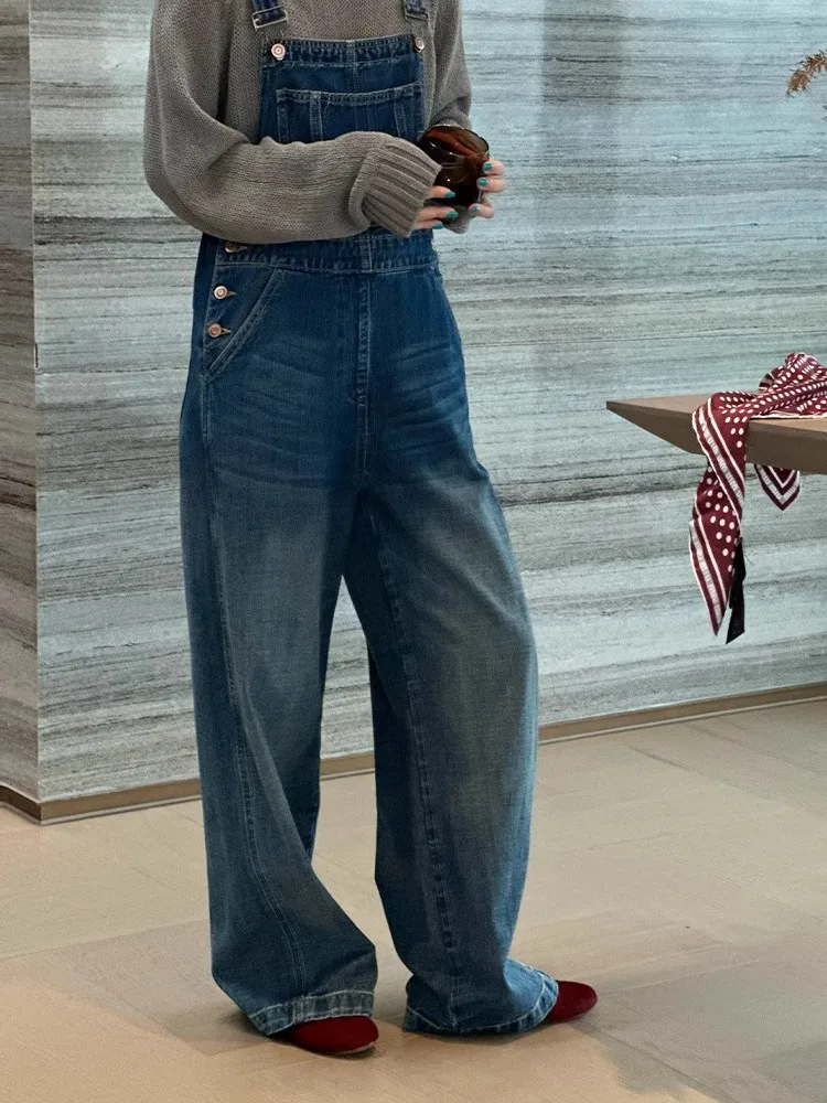American Sle Vintage Denim Overalls Women's Spring Summer Small Size New Loose Slimming Wide Leg Jumpsuit High Waist