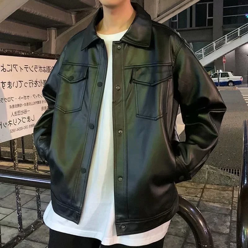 

Новая мужская мотоциклетная кожаная куртка свободного кроя, черная, демисезонная, в корейском стиле, модная, из искусственной кожи