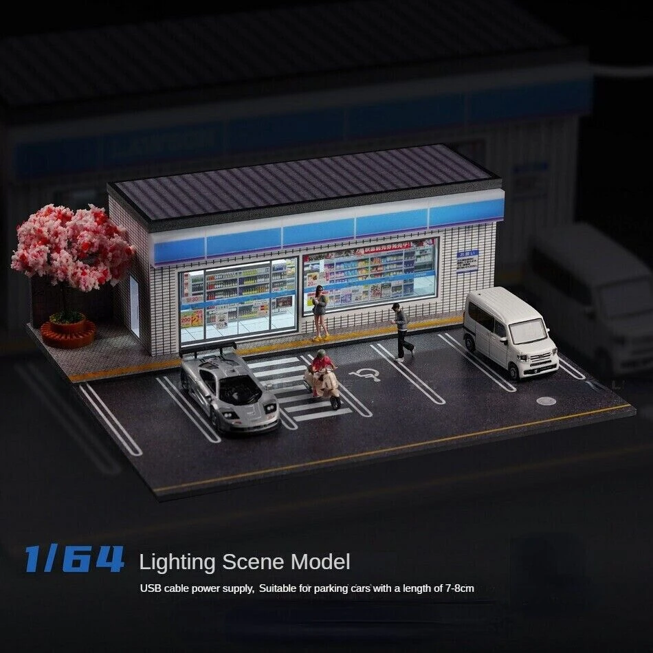 1/64 Diorama Car Garage Models LED Lighting City Street Coffee Shop Car Parking Lot Scene Display Model Gift