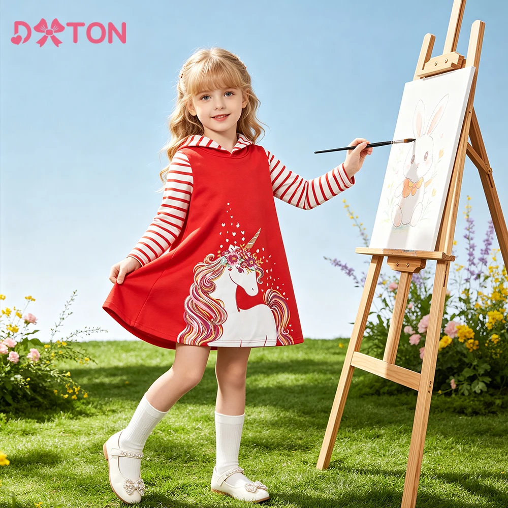 DXTON Kinder Hoodies Kleid Zoo Park Oberbekleidung Herbst Mädchen Bequemes Kleid Kleidung Einhorn Gestreifte Kleinkind Kapuzenkostüme