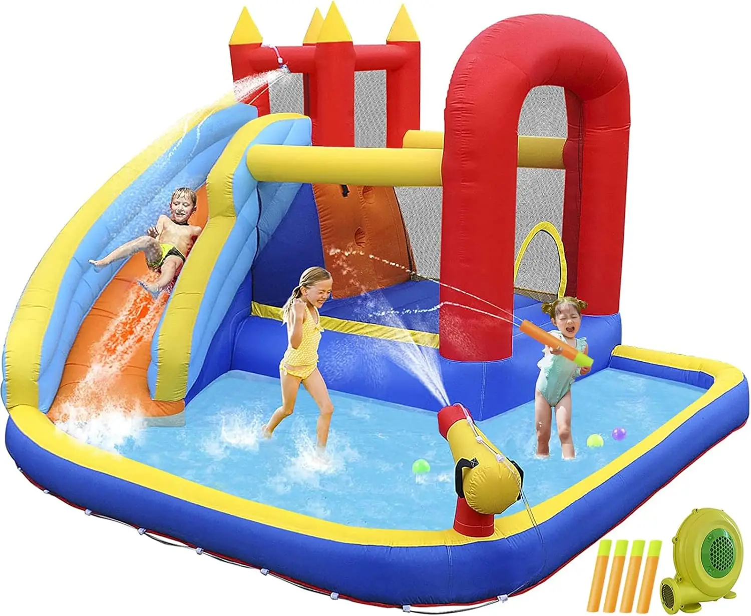 

Bouncy Water Slide Castle with Splash Pool, Jump Zone, Climbing Wall, Basketball Hoop, and 450W Blower for Kids - Indoor/Outdoor Backyard Use, Includes Water Gun