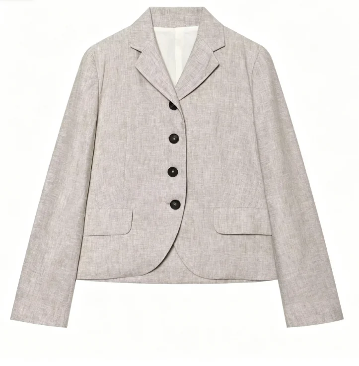 

Linen Blend Cropped Blazer Straight Fit Notched Lapel Four Black Buttons Lined Slim Office Suit Jacket Casual Office Outerwear