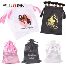 Custom Logo 20Pcs/Lot Satin Wig Bags With Drawstring Tassels Black Pink Hair Storage For Packaging Hair Expensive Wigs Gift