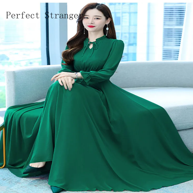 2022 Spring New Arrival Leisure Solid Color Long Sleeve Collect Waist Women Chiffon Long  Dress High Qaulity Vestido Feminino