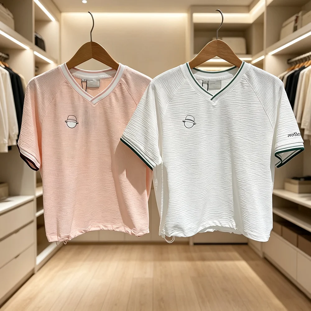 2026 Summer Women Golf T-Shirt Cold Feeling Comfort V Neck Short Sleeve Tops Fashion Drawstring Hem Golf Sports Shirts Golf