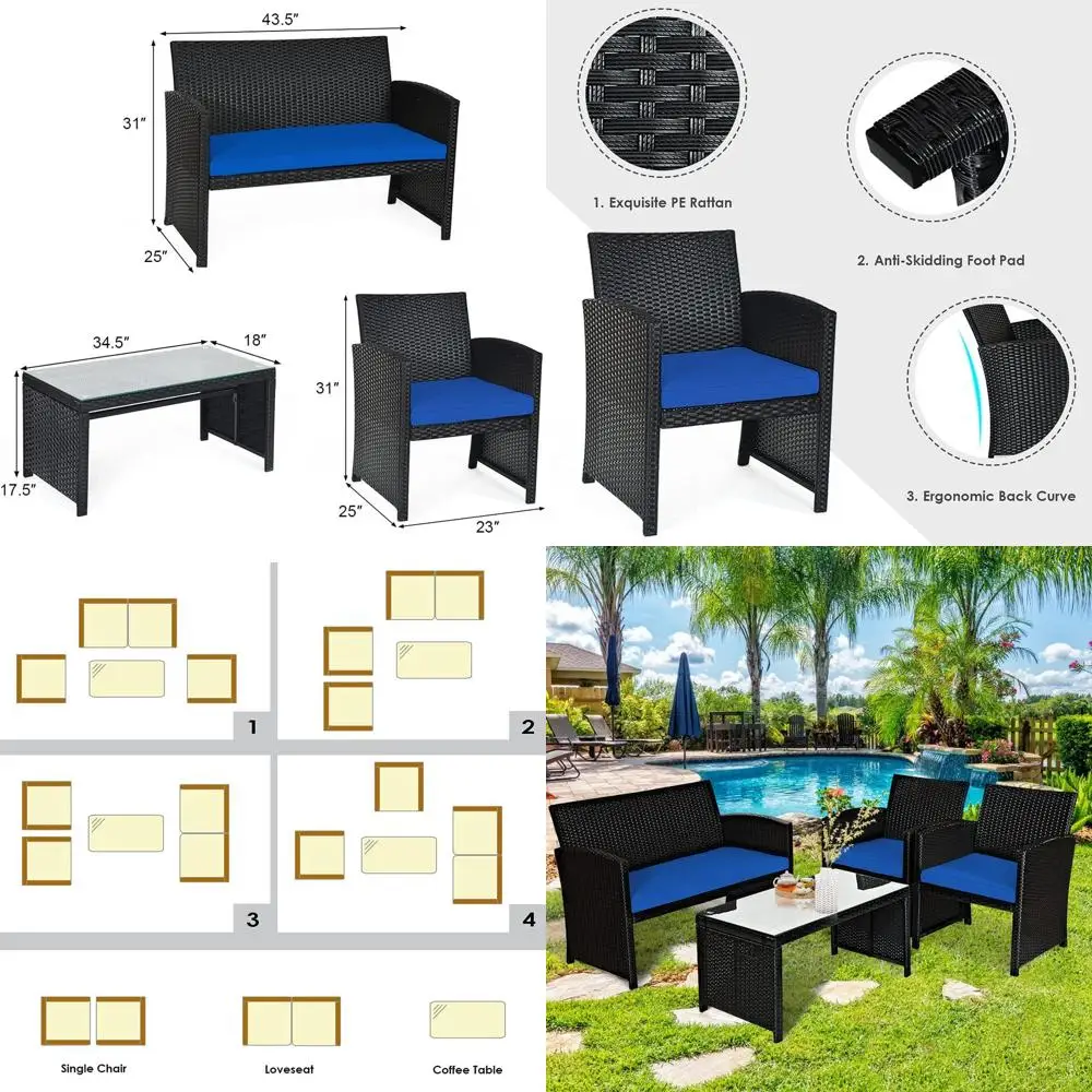 

Комплект садовой плетеной мебели из 4 предметов со стеклянным кофейным столиком для патио, балкона или заднего двора