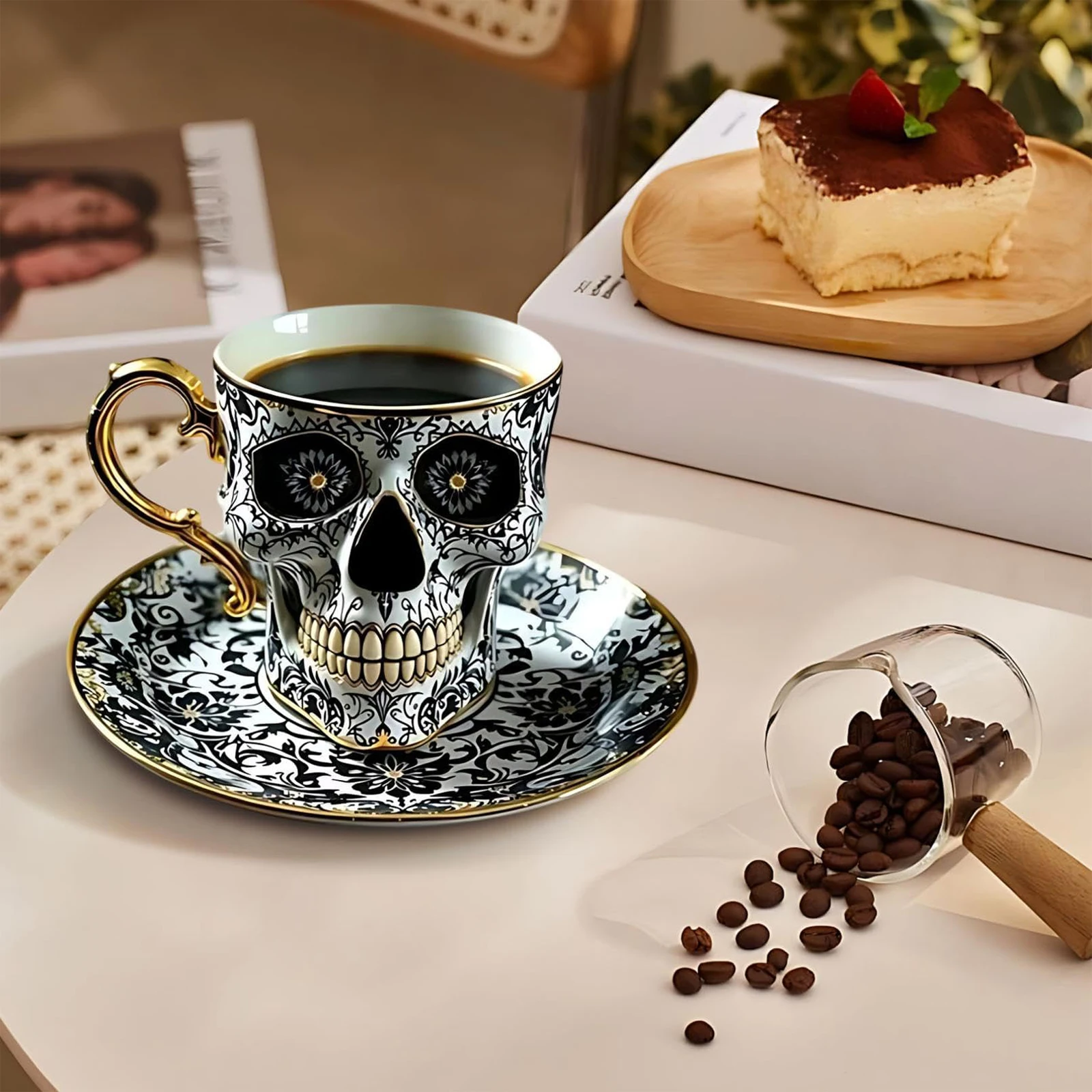 Halloween Gothic Gold Trimmed Resin Tea Cup Skeleton Coffee Cup Gift Suitable For Daily Coffee Or Elegant Tea Breaks