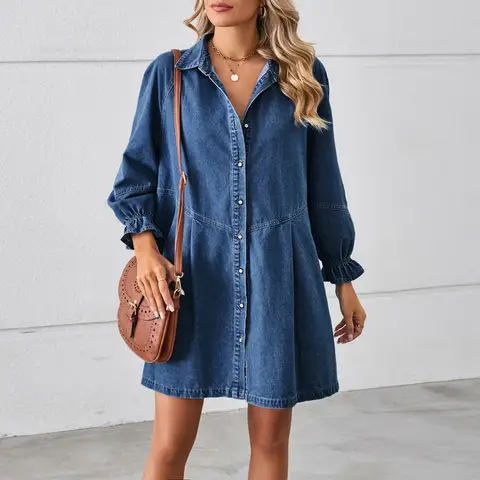 denim dress sleeve korean Ice Silk Style Slimming Girls Summer Korean Style 3D Bow Denim Dress Denim Korean Long Shirt Dress