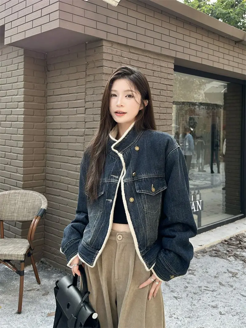 

Джинсовое пальто с мехом и капюшоном, плюшевое женское зимнее регулируемое двустороннее пальто для городского офиса, лоскутное стеганое пальто с воротником-стойкой на пуговицах, на каждый день