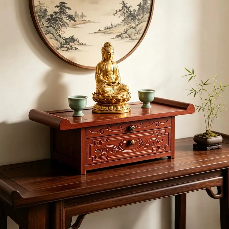 Small shrine offering table,household Chinese-style Guanyin Buddha statue, table top offering base, incense burner storage shelf