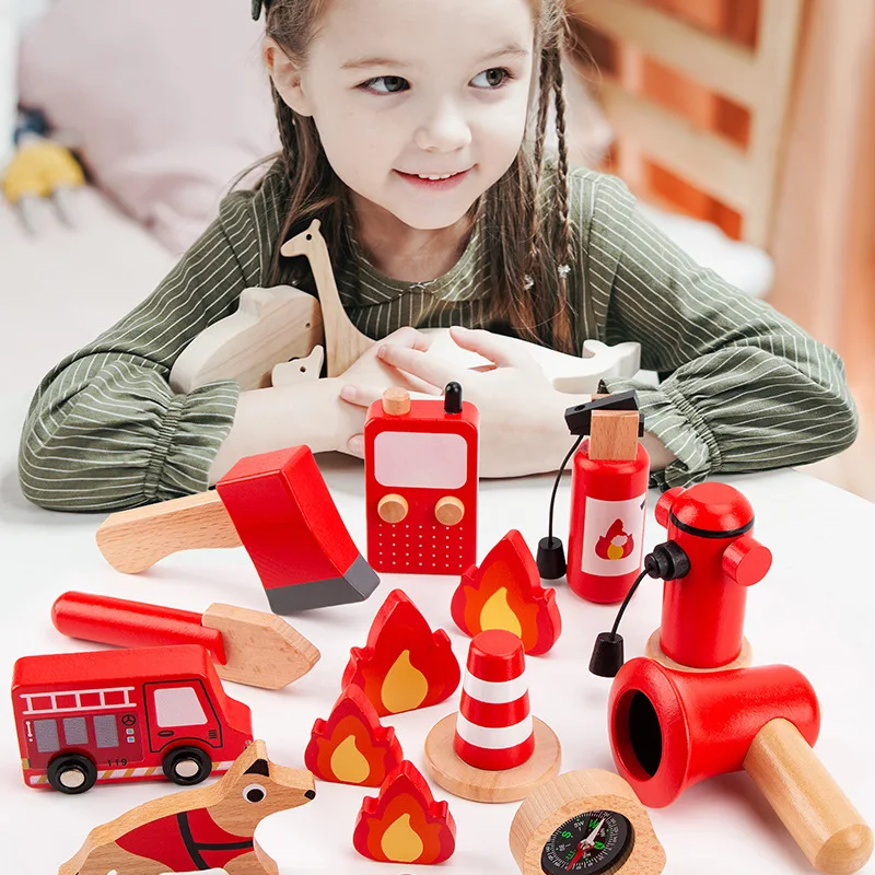 Play House Wooden Toy Firefighter Roleplaying Toys Simulation Fire Extinguishing Equipment Fire Engine Set for Kindergarten Kids