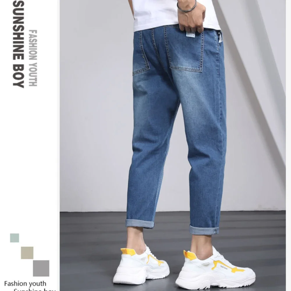 Calça jeans de algodão esticada até o tornozelo, calça jeans justa, coreana, pano de marca masculina, moda casual, nova, 2024