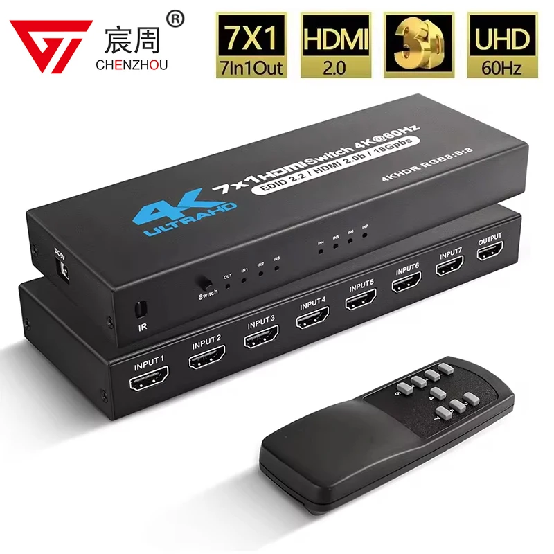 7 Port HDMI Switch version2.0 4K@60Hz HDMI 2.0 7x1 5x14x1Switch Switcher Audio Video Converter 7 in 1 out Support HDR & HDCP 2.2