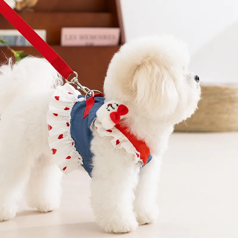 

Teddy Strawberry Sling Puppy Summer Dress Thin Bichon Frise Denim Vest Love Mesh Dog Clothes with Leash