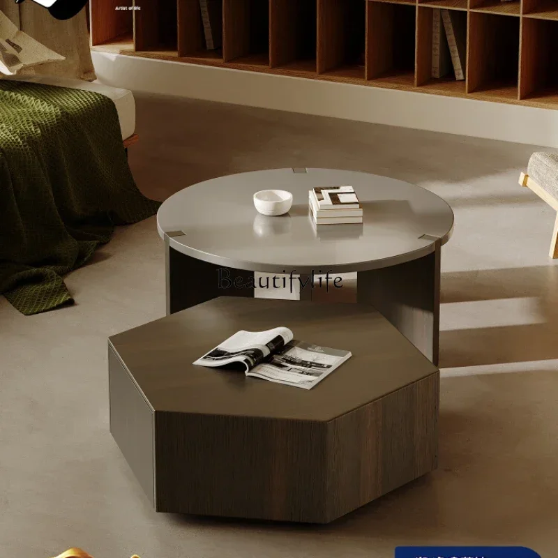 

*Italian minimalist smoked wood coffee table combination round creative household coffee table