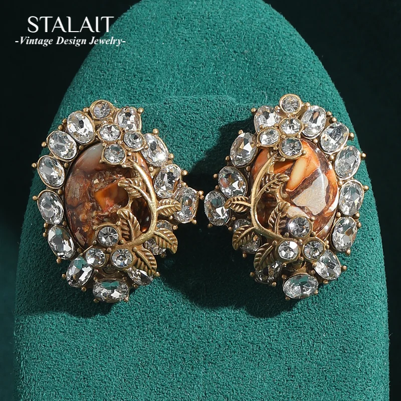 

Vintage Orange Stud Earrings Texture Natural Stone Leaf Gold Color Zircon Antique Jewelry Designer Luxury Anniversary Charm Gift