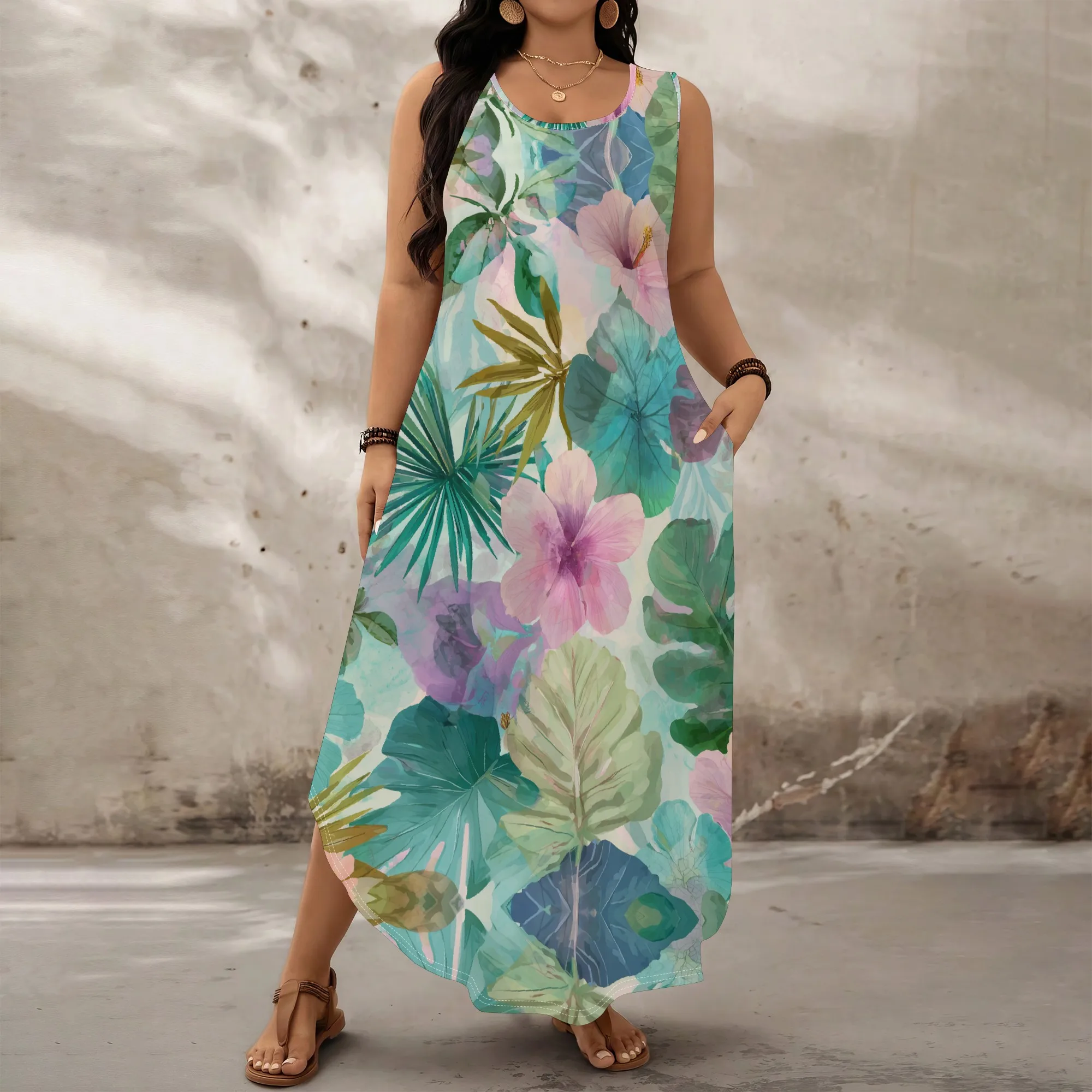 

Plus Size Maxi Dress for Women Summer Beach Vacation Sleeveless Tropical Floral Tank Dress with Pockets XL-6XL