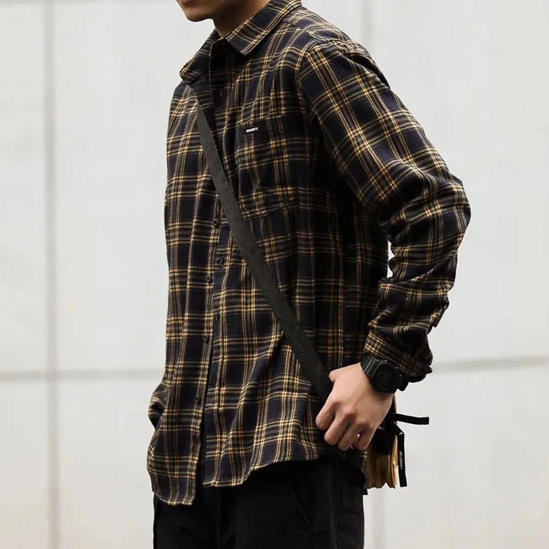 Chemise à carreaux Vintage pour hommes, chemisier ample à simple boutonnage, décontracté, Streetwear américain Y2K, manches longues, hauts à revers, nouvelle collection printemps