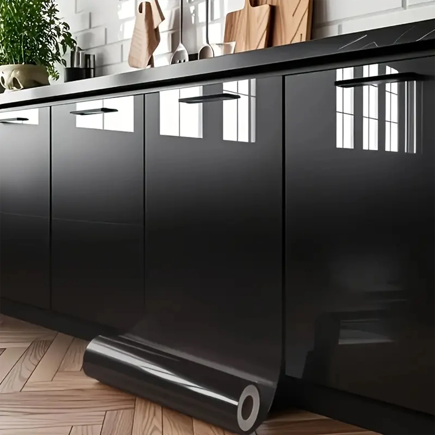 

「Самоклеящиеся водонепроницаемые виниловые обои」Глянцевая черная ПВХ-пленка для кухонных шкафов, плиты, фартука, ванной комнаты — жар и Oi