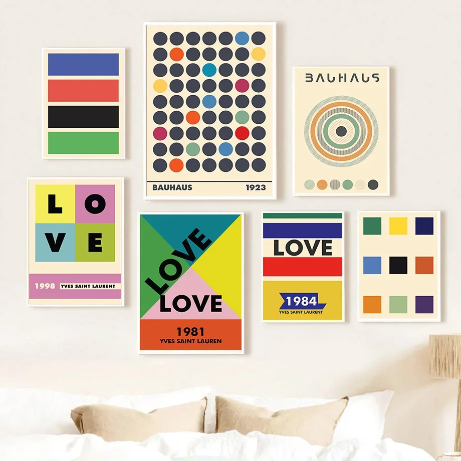 الملونة خمر باوهاوس هندسية "الحب" جدار الفن قماش طباعة - غرفة المعيشة ديكور ملصق نمط المعرض #3