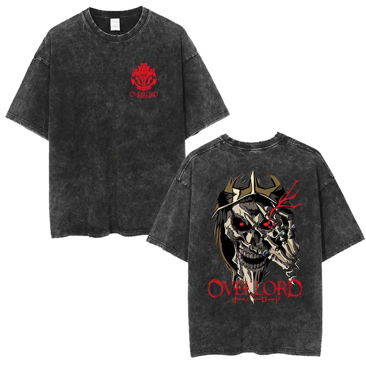 Japanese Anime Overlord Ainz Ooal Gown Vintage Washed T-Shirt Men Women Gothic Fashion Oversized Cotton T Shirts Y2k Streetwear