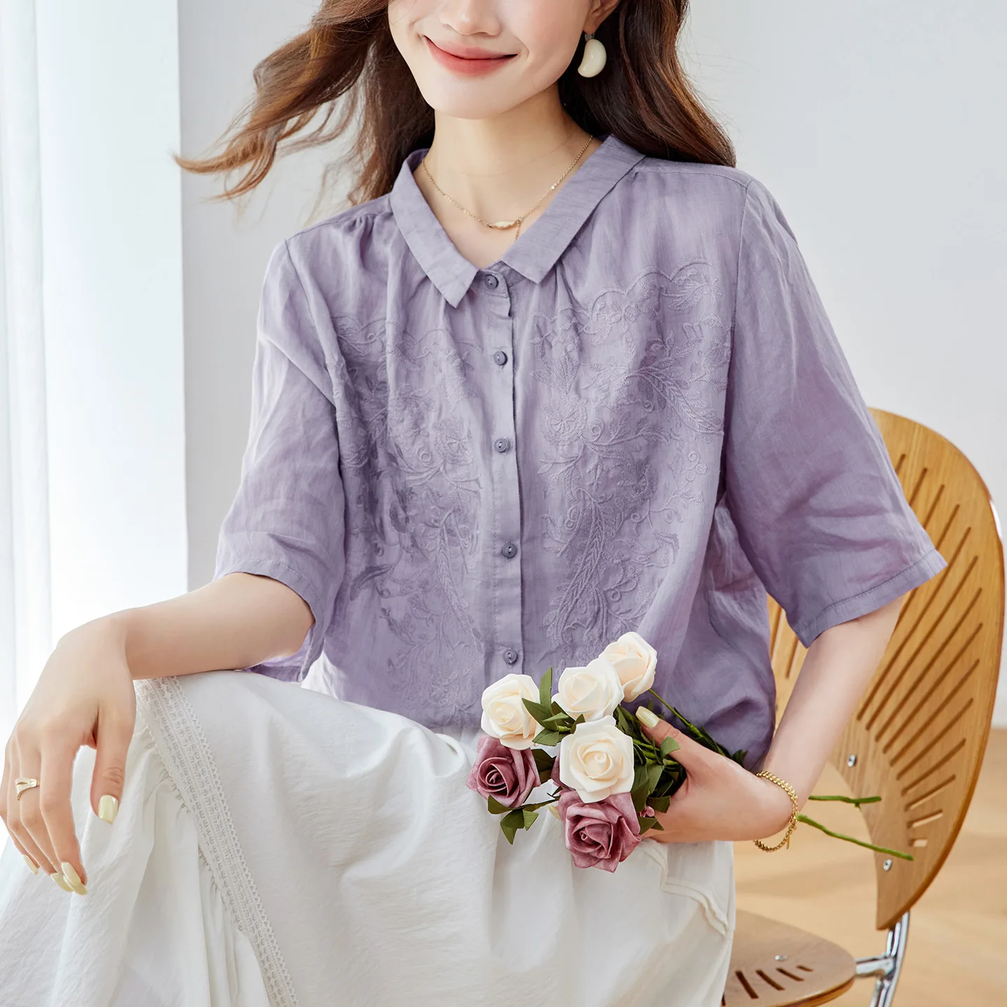 

Ele Purple Embroidered Cotton irt Women's ort Sve Summer Faion New Chinese Sle National Trend Top Light Maturi
