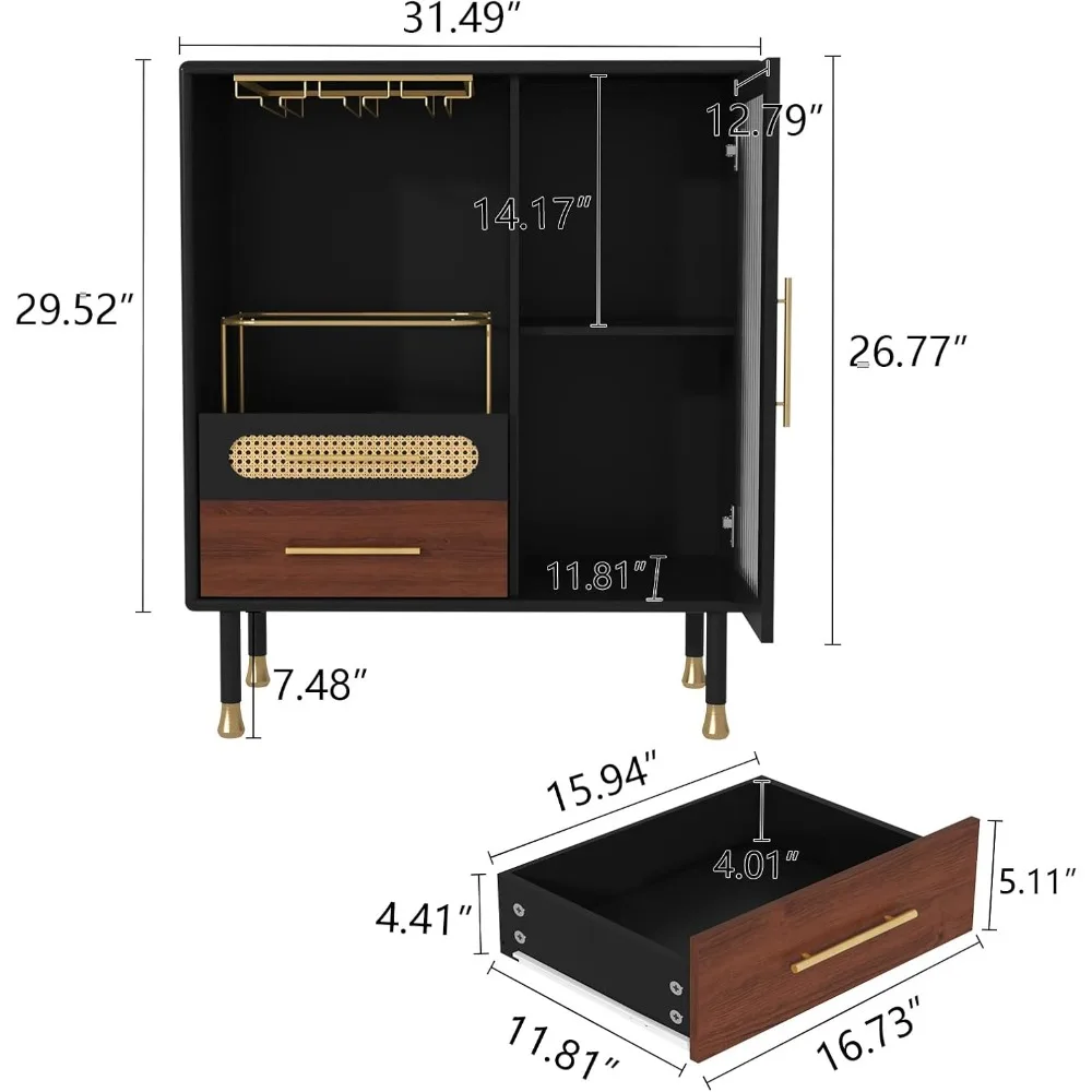 Contemporary Black Bar Cabinet with Pull-Out Wine Rack and Storage Drawers for Kitchen