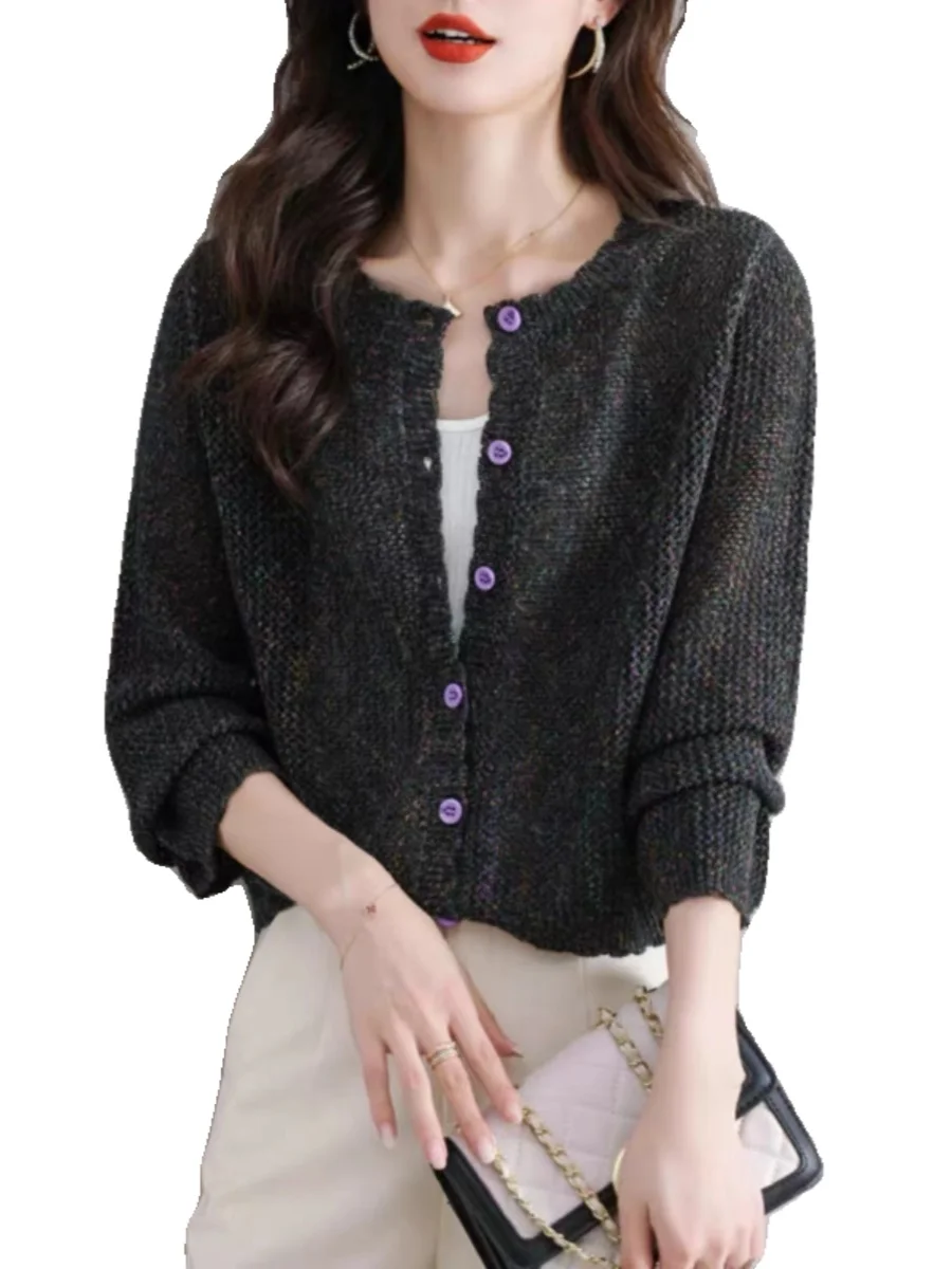 Giacca maglione colorata scavata per donna 2025 Nuova primavera/estate Cardigan corto lavorato a maglia sottile in pizzo girocollo a maniche lunghe