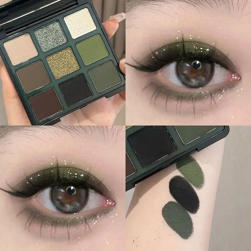 Paleta de sombra de ojos de 9 colores con espejo, aspecto de ojo ahumado verde oliva con brillo de perla