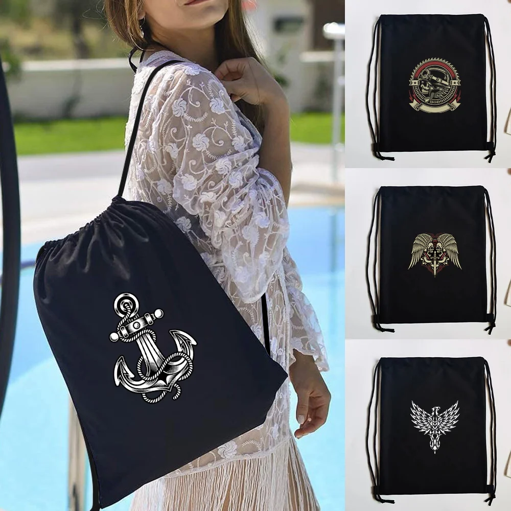 Drawstring Backpack Canvas Backpack Skull Printed Portable Storage Bag for Men and Women Beach Fitness Sports Sundries Cloth Bag