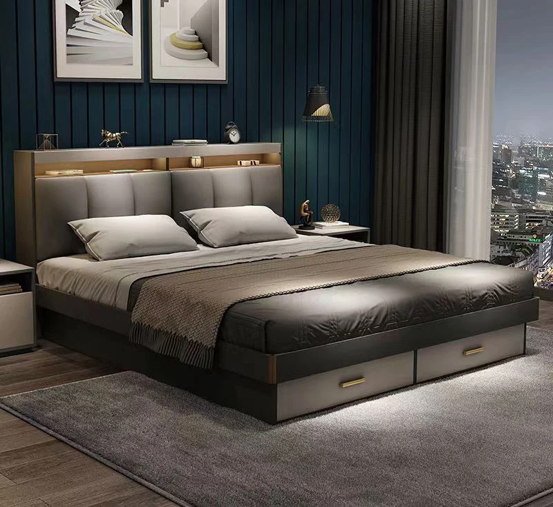 *&2025 Hot Sale Wholesale Price Soft Backrest Drawers Storage king-bed MDF Wood Structure Bedroom Furniture Bed