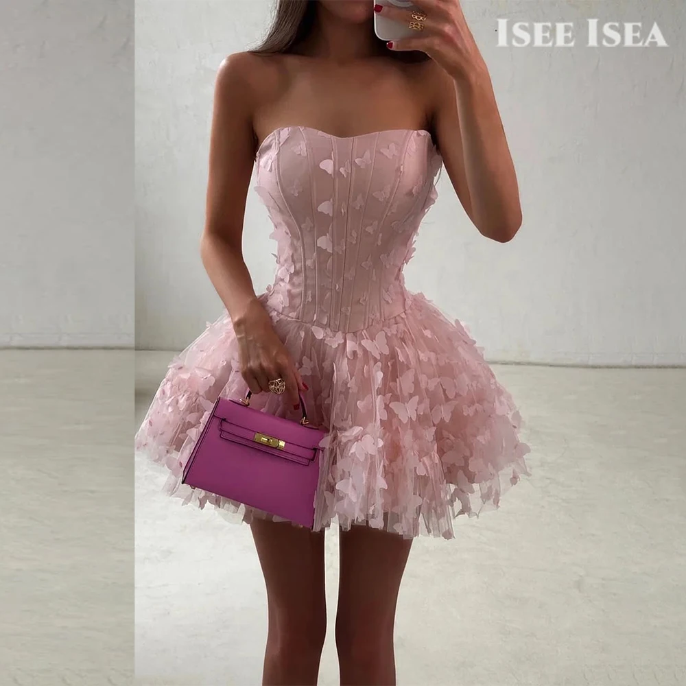 

Pink Cocktail Dresses Tulle 3D Butterfly Appliqué Tutu Prom Gown Strapless Homecoming Dress Customized vestido cocktail mujer